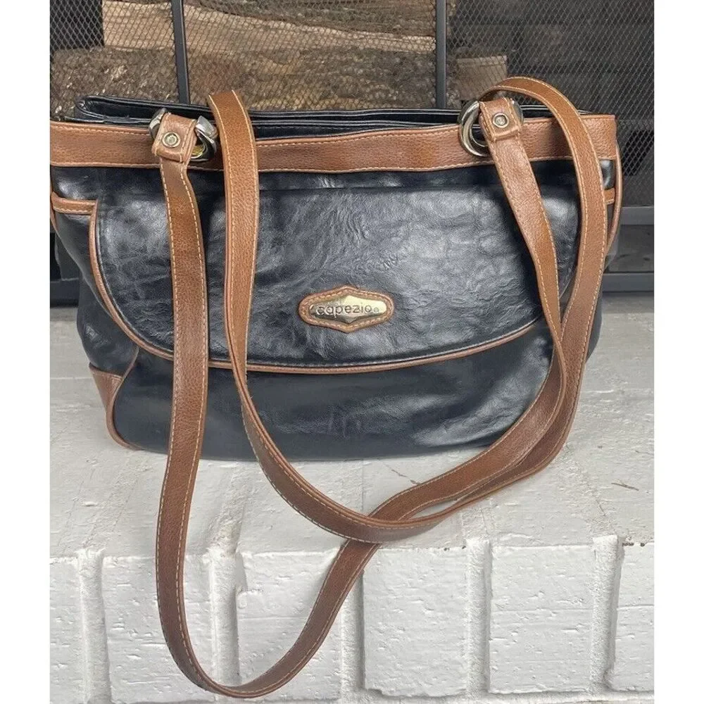 Capezio‎ Black And Brown Double Handle Handbag Purse With Multiple Pockets